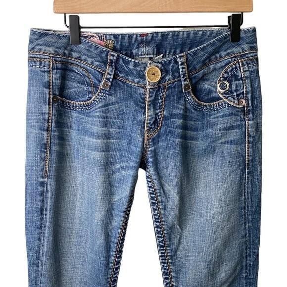 Blue Tattoo Low Rise Bootcut Distressed Jeans Big Stitch Embroidered Rose Logo - Picture 2 of 16